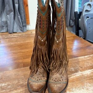 Brown Fringe Western Heeled Boots - Women's Fashion Boot